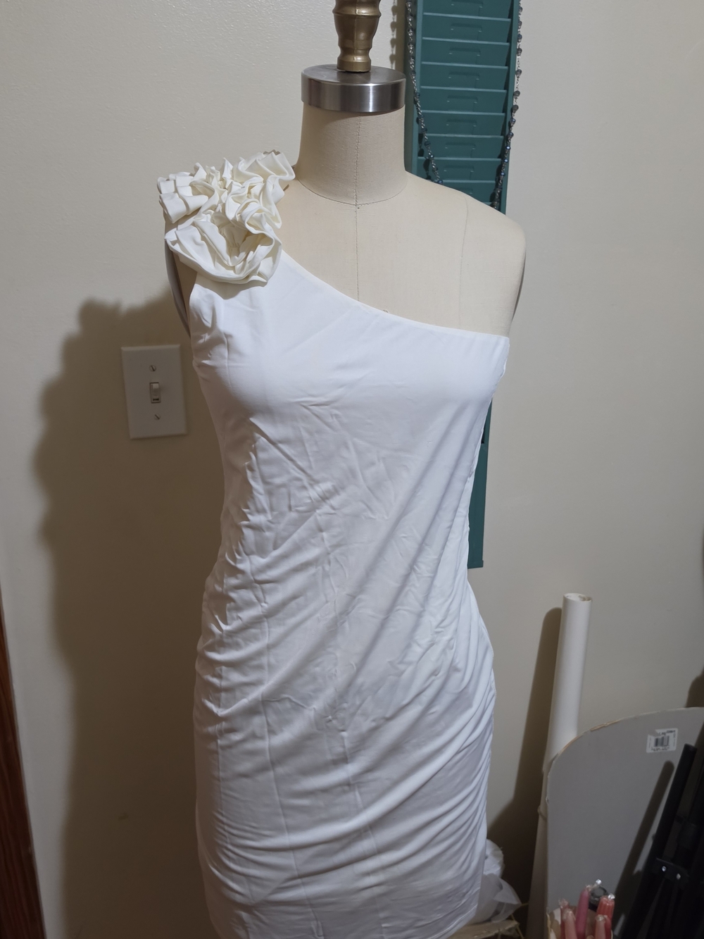Forever 21 One-Shoulder White Dress with Floral Shoulder Detail